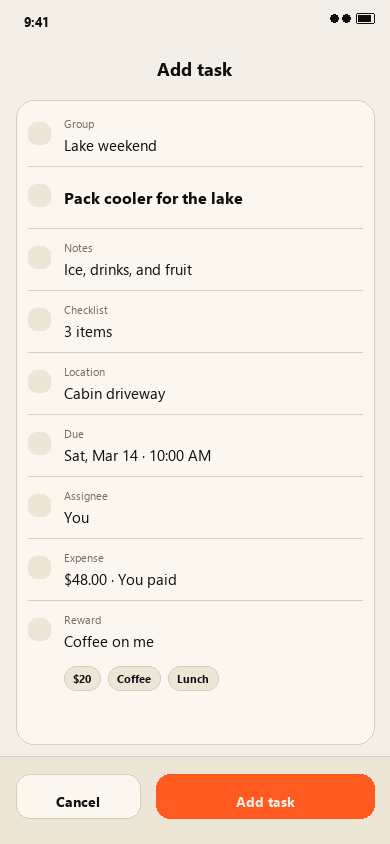 Add task form with schedule, expense, and reward