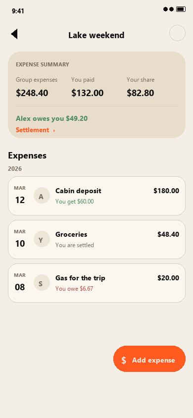 Group expenses with summary and settlement