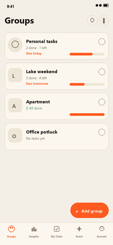 Groups home with shared groups and Add group
