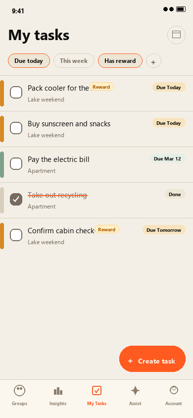 My Tasks screen with filters, due pills, and Create task